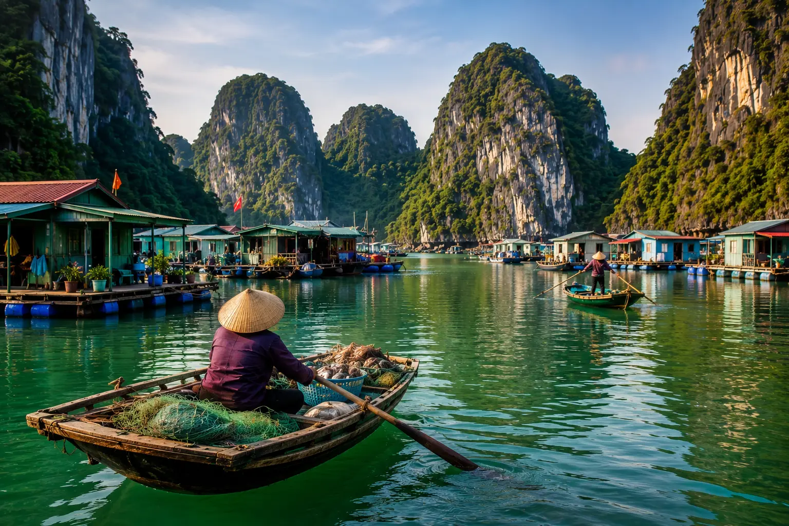 A fisherwoman rowing between floating homes among the karsts of Halong Bay, Vietnam