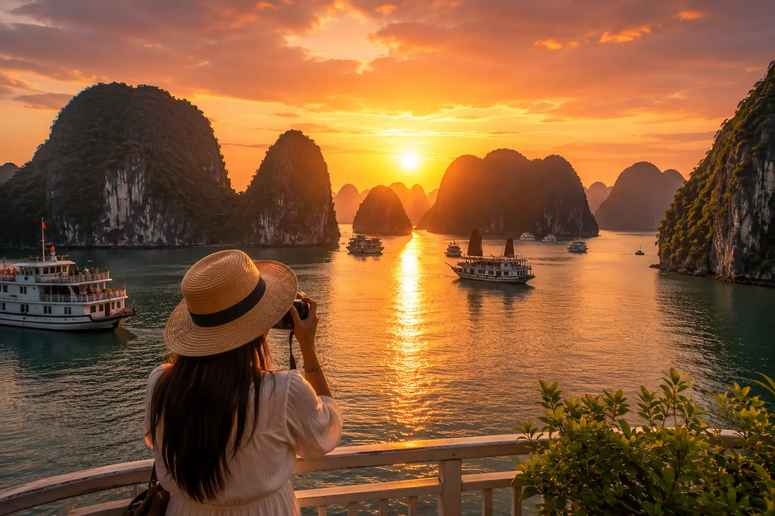 Golden light over a calm karst seascape at dusk