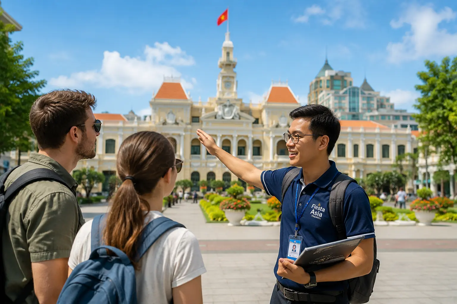 A Fiesta Asia Travel guide briefing two travellers outside Ho Chi Minh City Hall