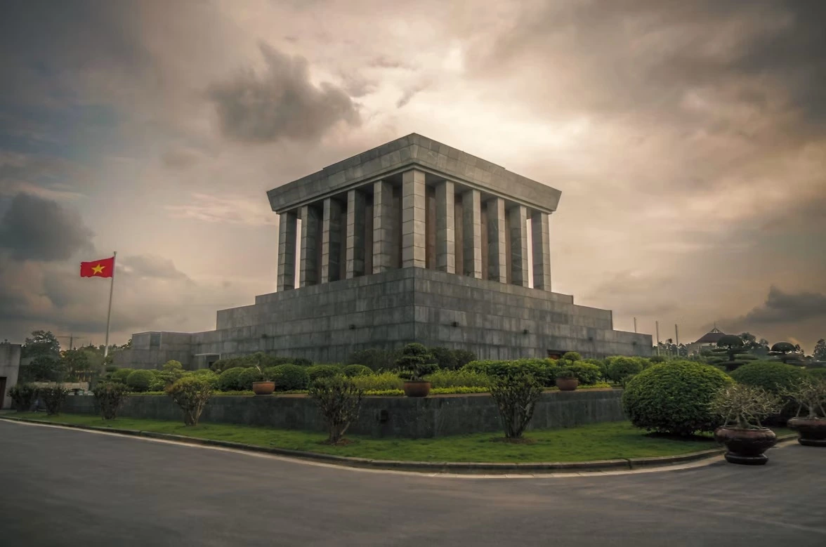 The Ho Chi Minh Mausoleum and national flag on Ba Dinh Square, Hanoi