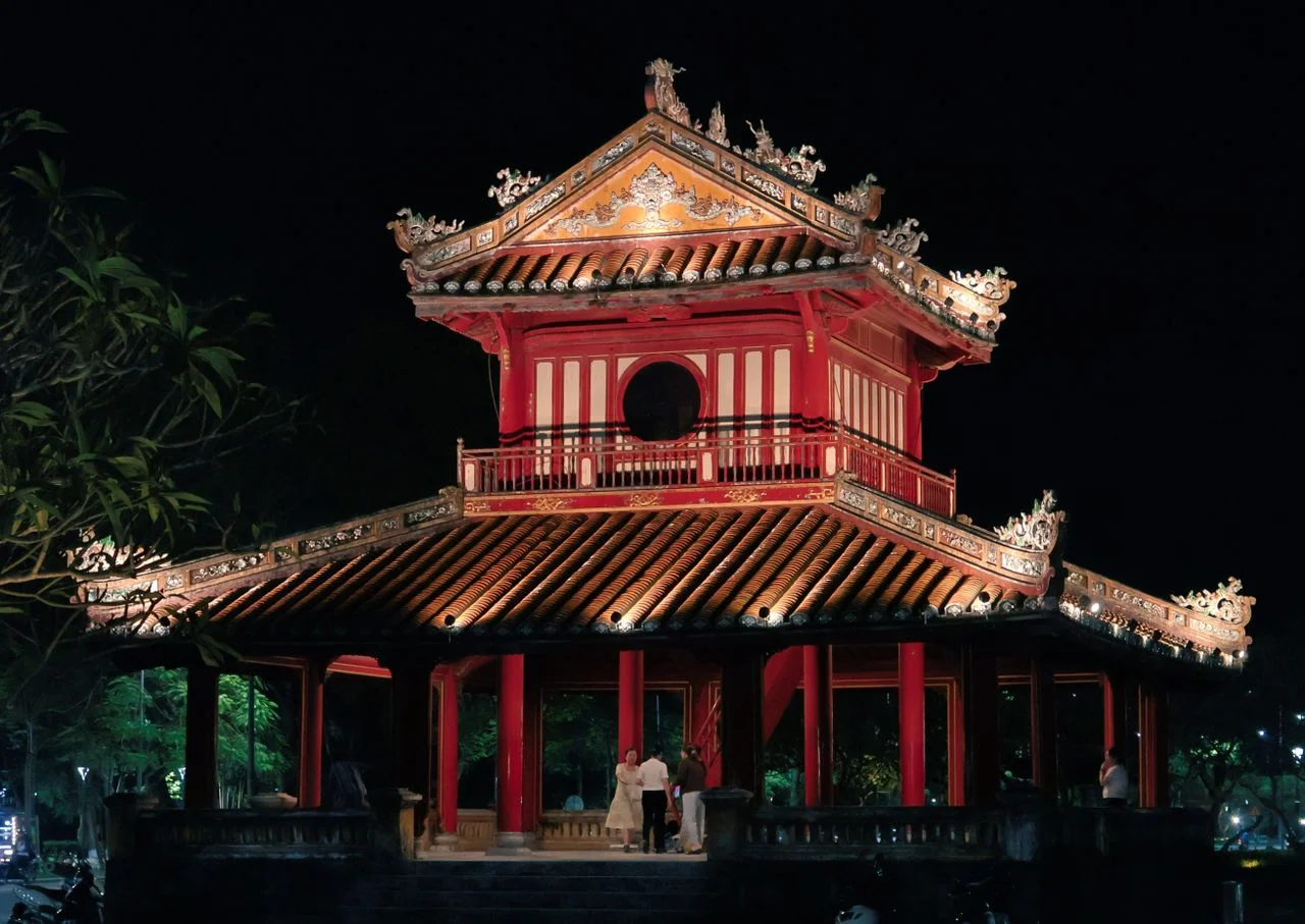 A pavilion of Hue’s Imperial City illuminated at night