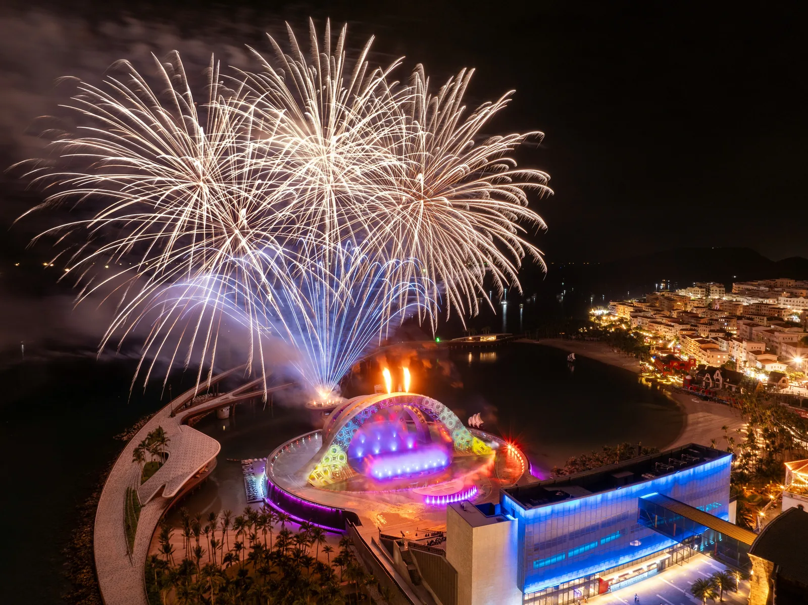 Fireworks above the Kiss of the Sea show arena at Sunset Town, Phu Quoc — Vietnam DMC by Fiesta Asia Travel