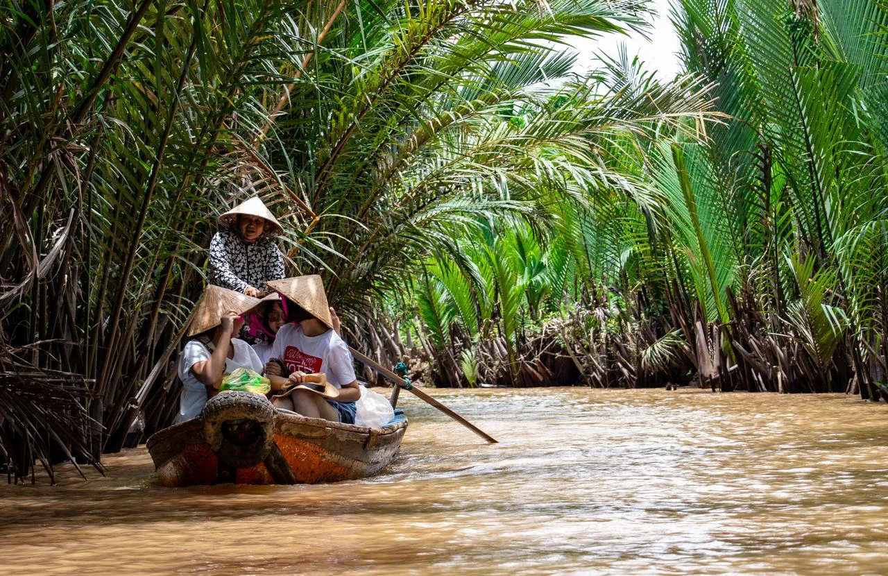 A sampan on a narrow coconut palm canal in the Mekong Delta