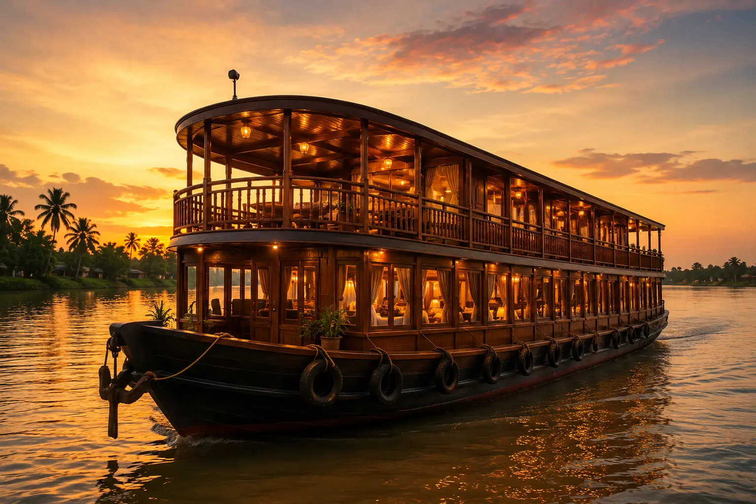 A two-deck wooden river cruise boat with lit cabins on the Mekong at sunset