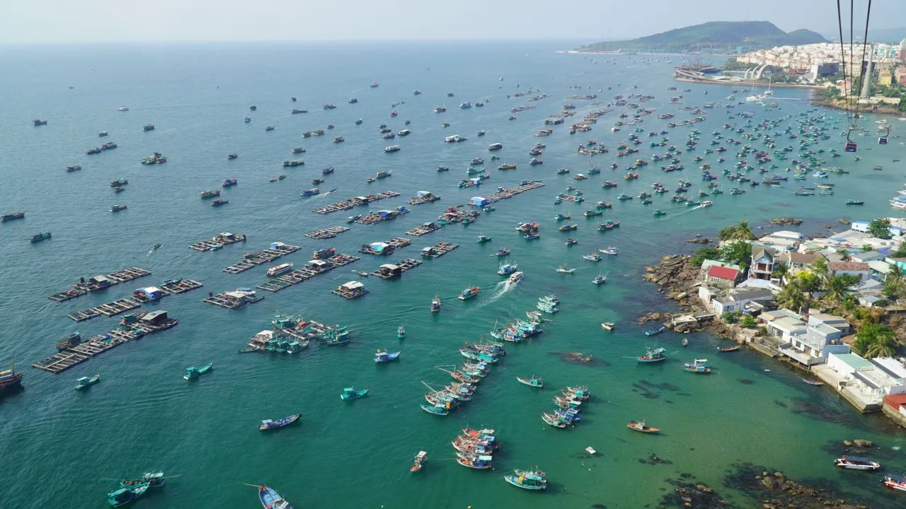 Aerial view of the An Thoi fishing fleet and floating fish farms off southern Phu Quoc
