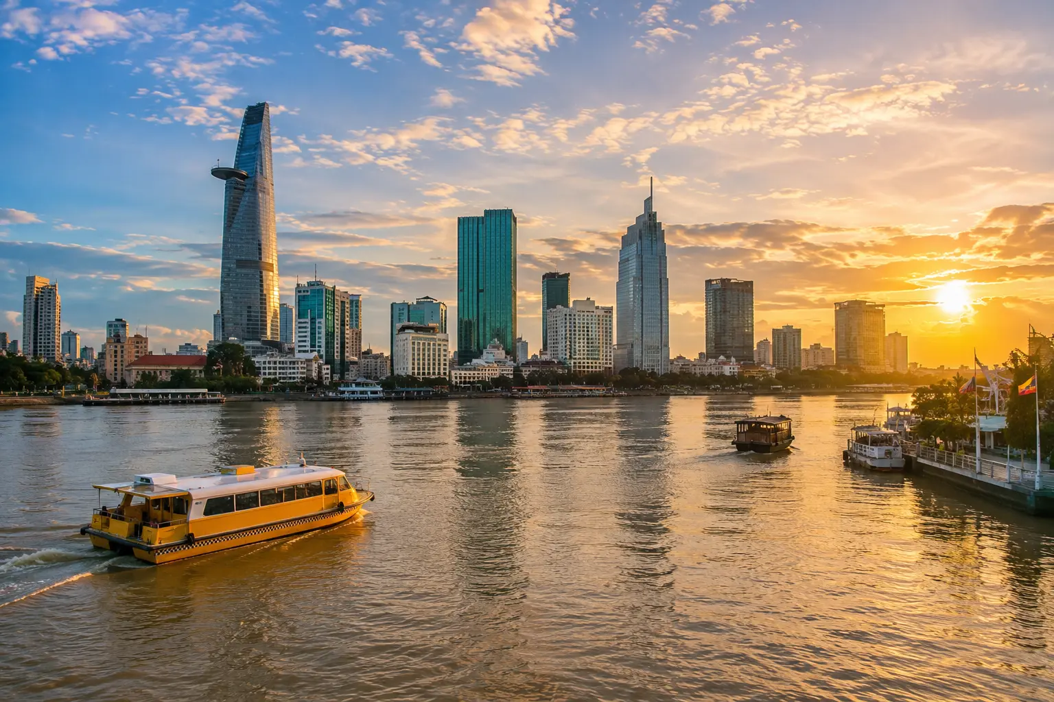 The Saigon River and Bitexco skyline of Ho Chi Minh City at sunset — Vietnam DMC