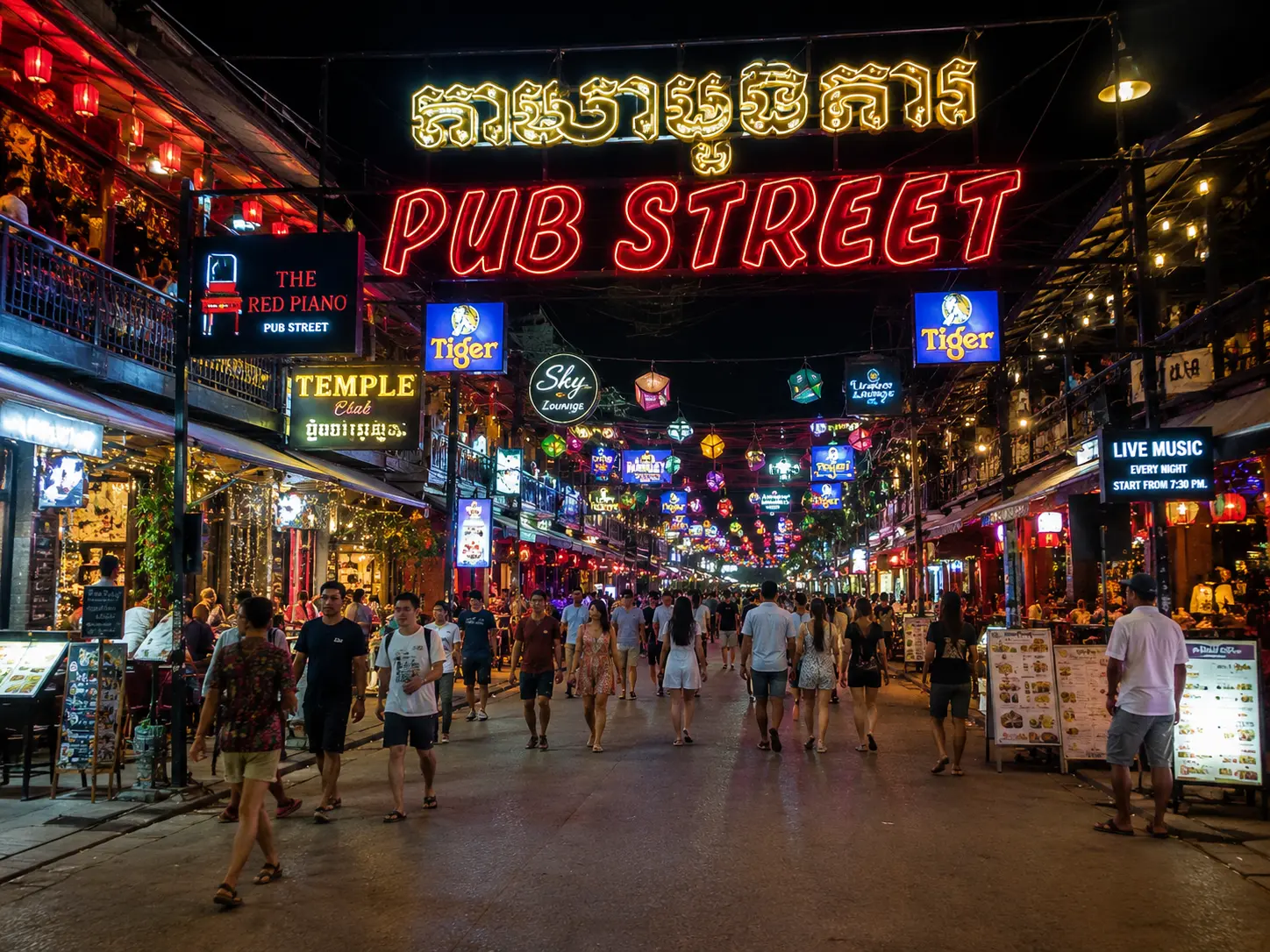 Pub Street in Siem Reap, Cambodia, lit up at night