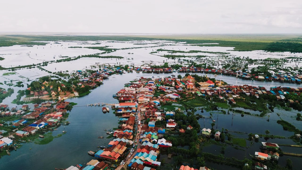 Aerial view of a floating village on Tonle Sap Lake, Cambodia